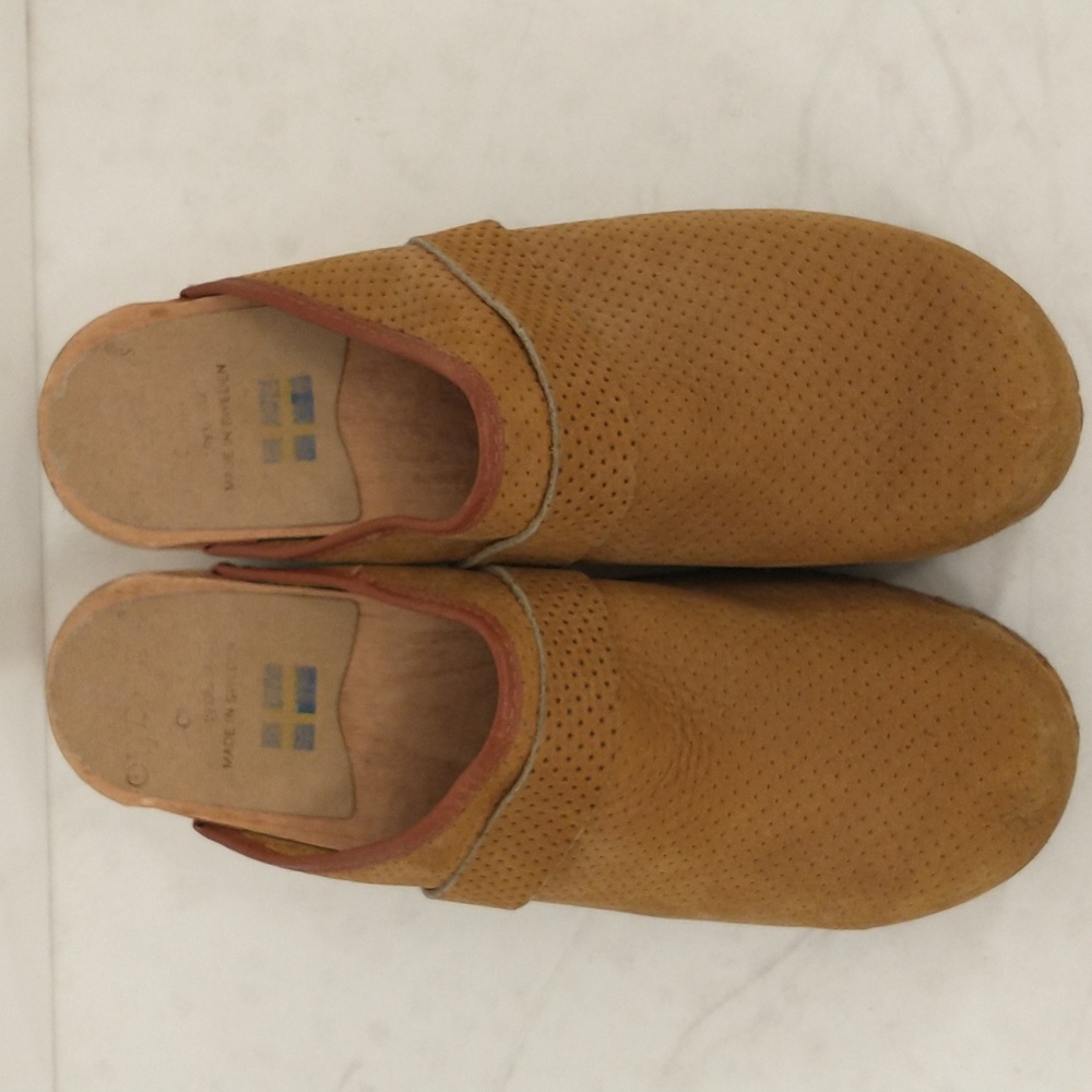 Vintage Swedish Leather & Wood Clogs Olaf Daughter Sweden Carmel Color 80s - Picture 2 of 11